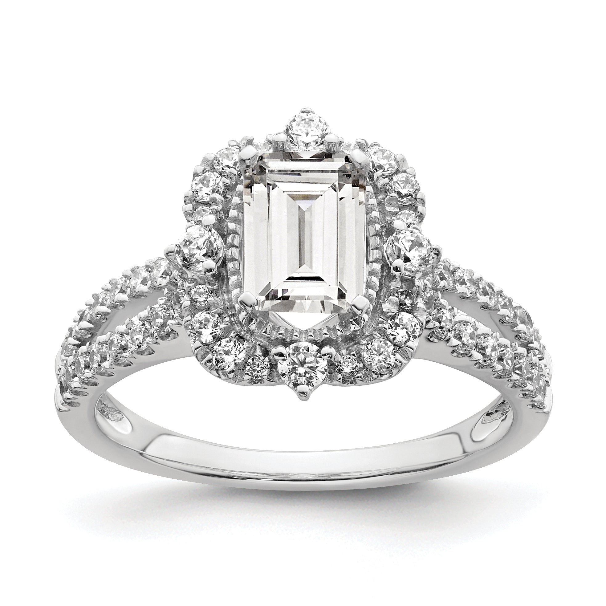 14K White Gold Vintage Halo (Holds 1 Carat (6.9X5.2mm) Emerald Cut Center) 5/8 Diamond Semi Mount Engagement Ring