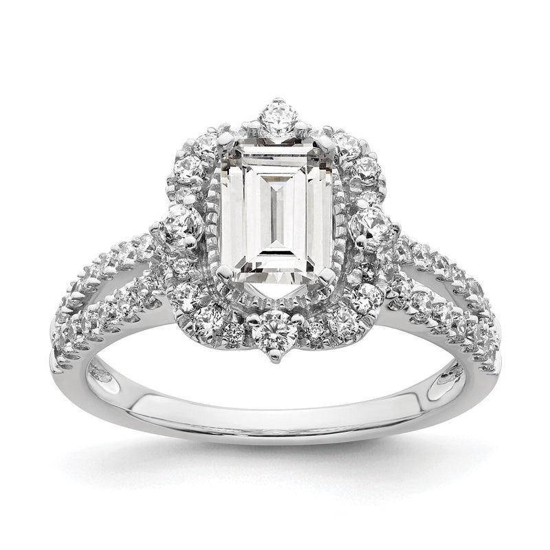 14K White Gold Vintage Halo (Holds 1 Carat (6.9X5.2mm) Emerald Cut Center) 5/8 Diamond Semi Mount Engagement Ring