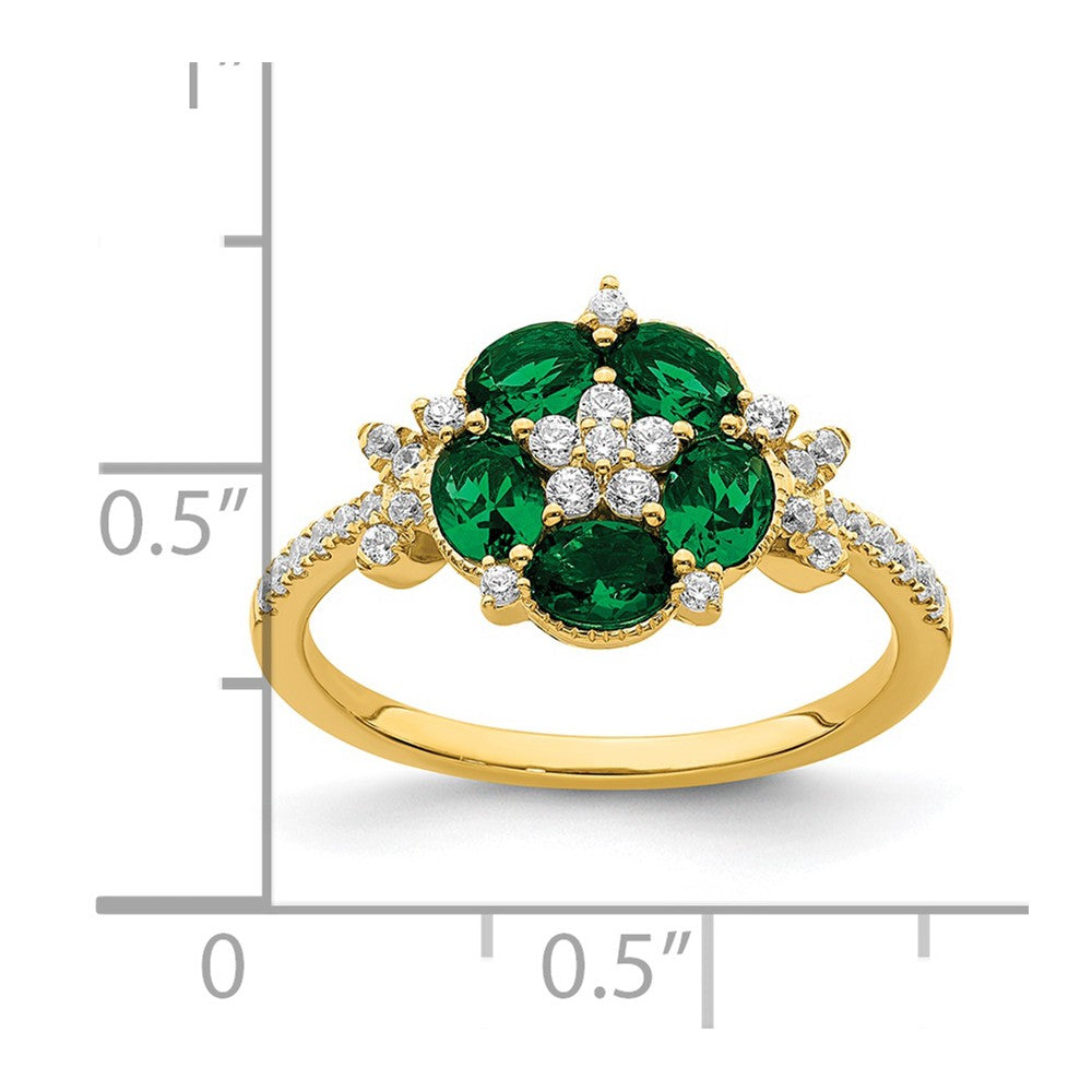 14k Yellow Gold Lab Grown Diamond and Lab Created Emerald Floral Ring