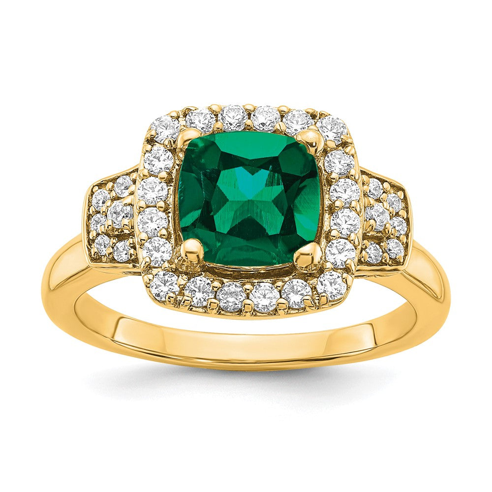 14k Yellow Gold 3/8 Ct. Lab Grown Diamond VS/SI+ G+ and Lab Created Emerald Fashion Halo Ring