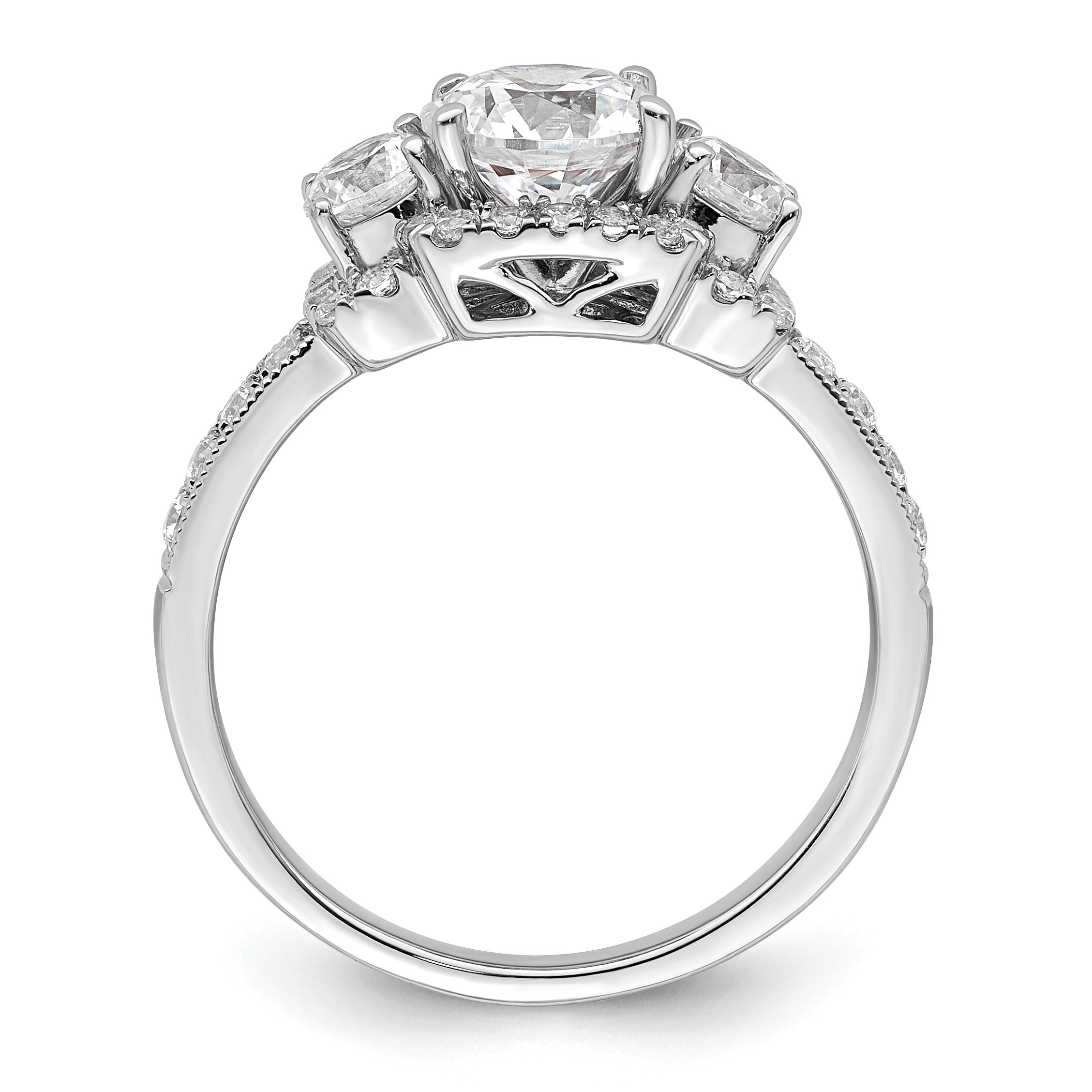 14K White Gold 3 Stone Plus (Holds 1 Carat (6.5mm) Round Center) Halo Semi Mount Diamond Engagement Ring