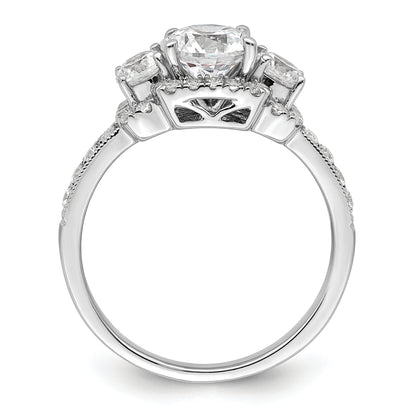 14K White Gold 3 Stone Plus (Holds 1 Carat (6.5mm) Round Center) Halo Semi Mount Diamond Engagement Ring
