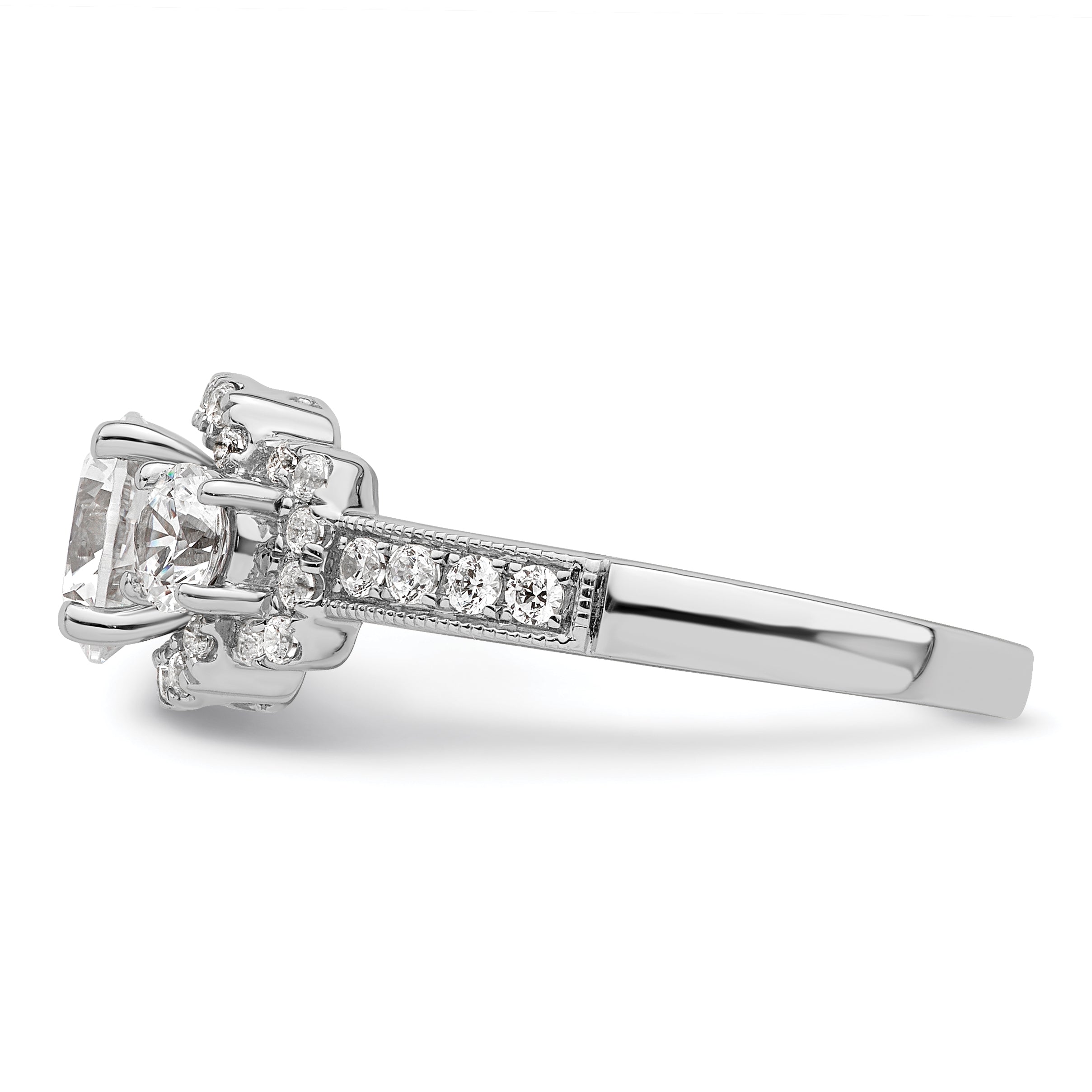 14K White Gold 3 Stone Plus (Holds 1 Carat (6.5mm) Round Center) Halo Semi Mount Diamond Engagement Ring