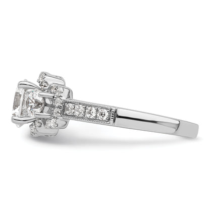 14K White Gold 3 Stone Plus (Holds 1 Carat (6.5mm) Round Center) Halo Semi Mount Diamond Engagement Ring