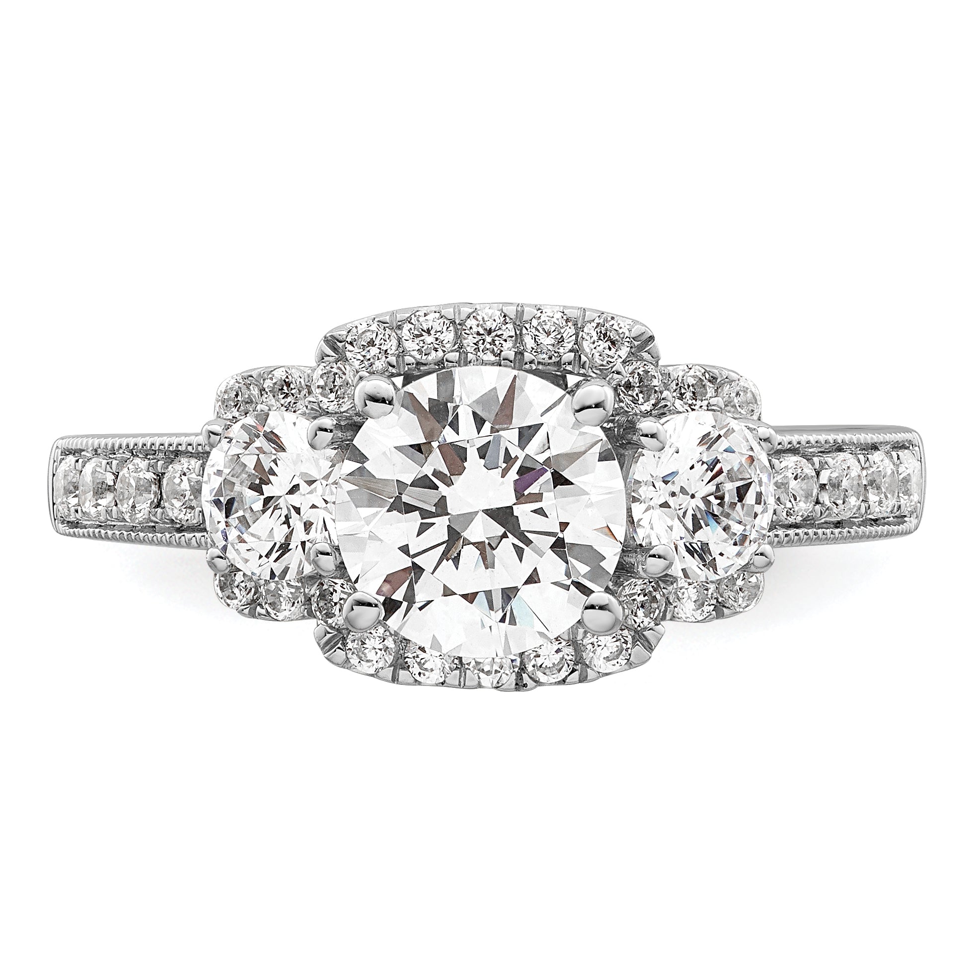 14K White Gold 3 Stone Plus (Holds 1 Carat (6.5mm) Round Center) Halo Semi Mount Diamond Engagement Ring