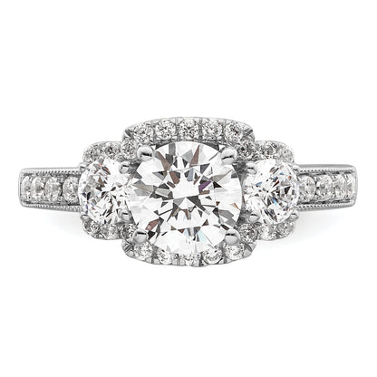 14K White Gold 3 Stone Plus (Holds 1 Carat (6.5mm) Round Center) Halo Semi Mount Diamond Engagement Ring