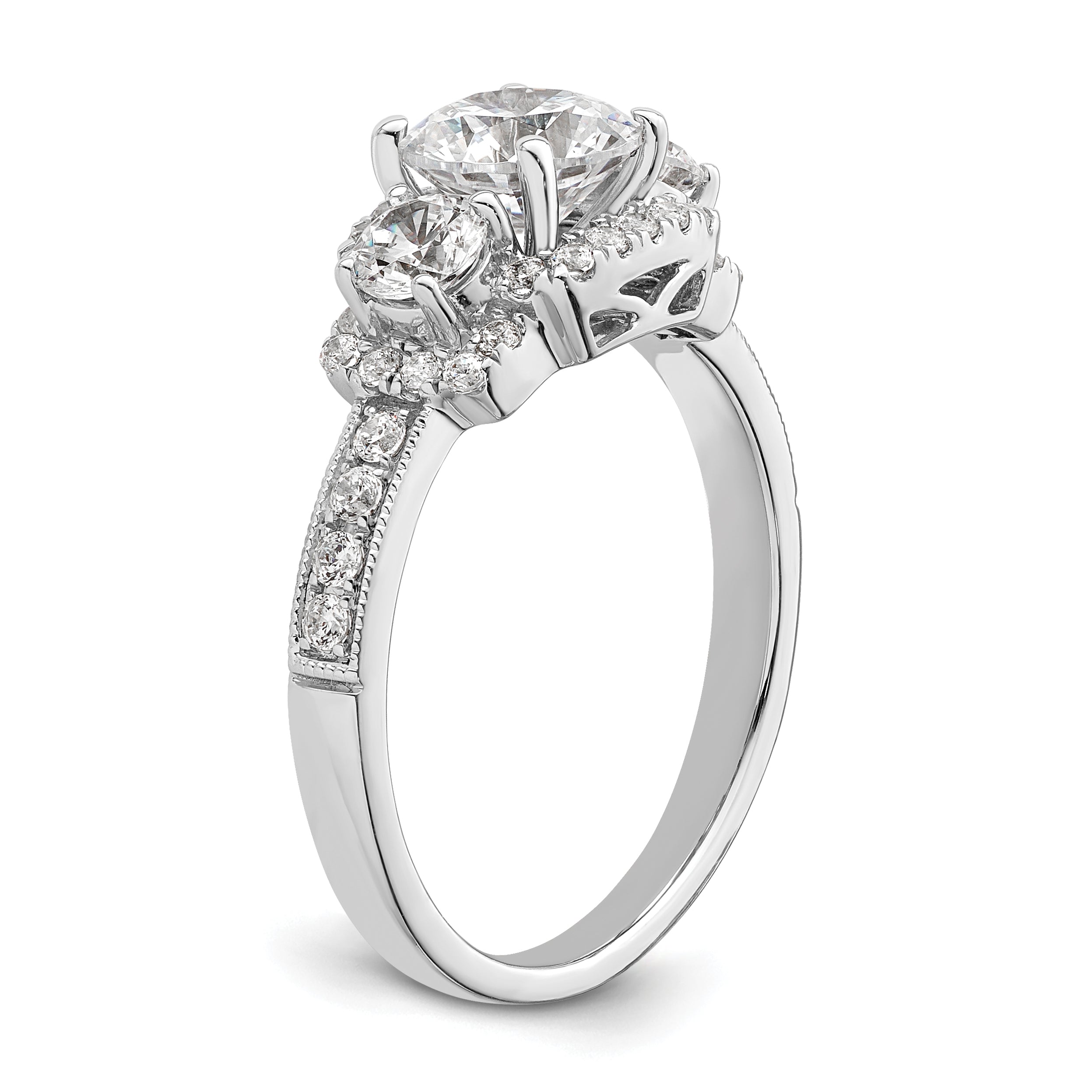 14K White Gold 3 Stone Plus (Holds 1 Carat (6.5mm) Round Center) Halo Semi Mount Diamond Engagement Ring