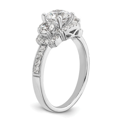 14K White Gold 3 Stone Plus (Holds 1 Carat (6.5mm) Round Center) Halo Semi Mount Diamond Engagement Ring