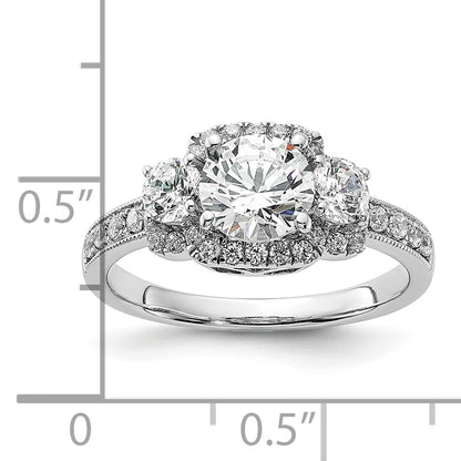 14K White Gold 3 Stone Plus (Holds 1 Carat (6.5mm) Round Center) Halo Semi Mount Diamond Engagement Ring