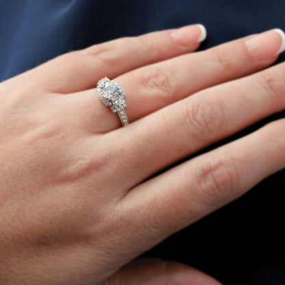 14K White Gold 3 Stone Plus (Holds 1 Carat (6.5mm) Round Center) Halo Semi Mount Diamond Engagement Ring