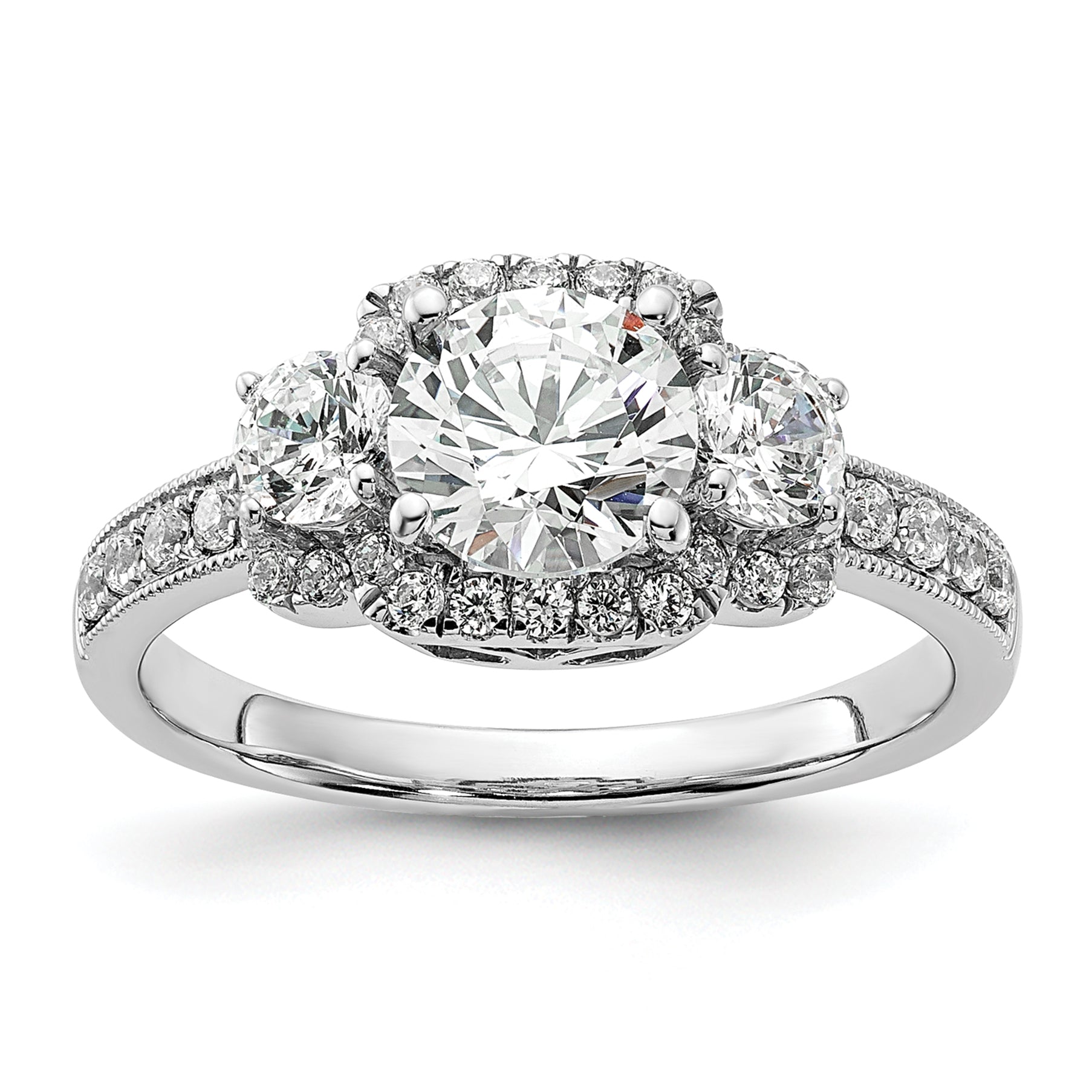 14K White Gold 3 Stone Plus (Holds 1 Carat (6.5mm) Round Center) Halo Semi Mount Diamond Engagement Ring