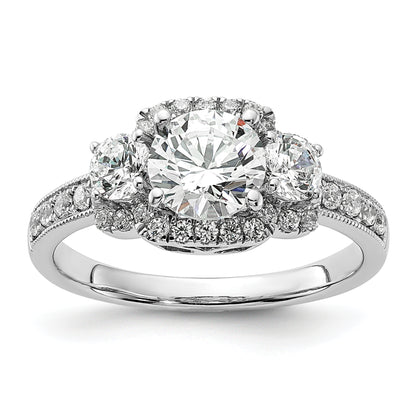 14K White Gold 3 Stone Plus (Holds 1 Carat (6.5mm) Round Center) Halo Semi Mount Diamond Engagement Ring