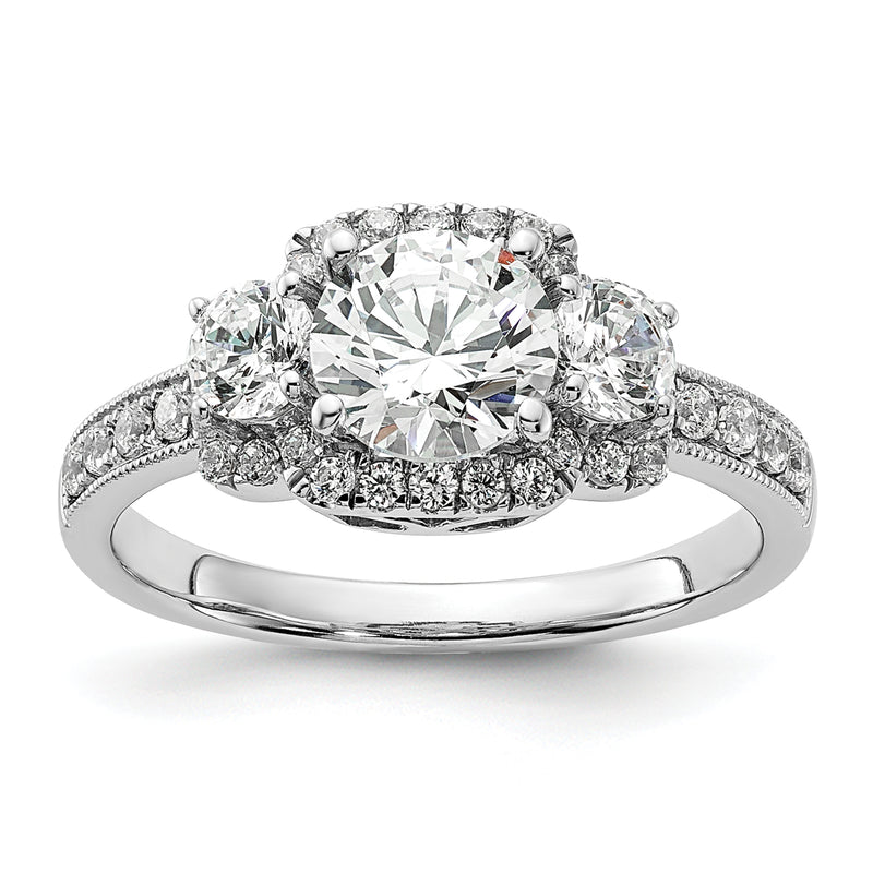 14K White Gold 3 Stone Plus (Holds 1 Carat (6.5mm) Round Center) Halo Semi Mount Diamond Engagement Ring
