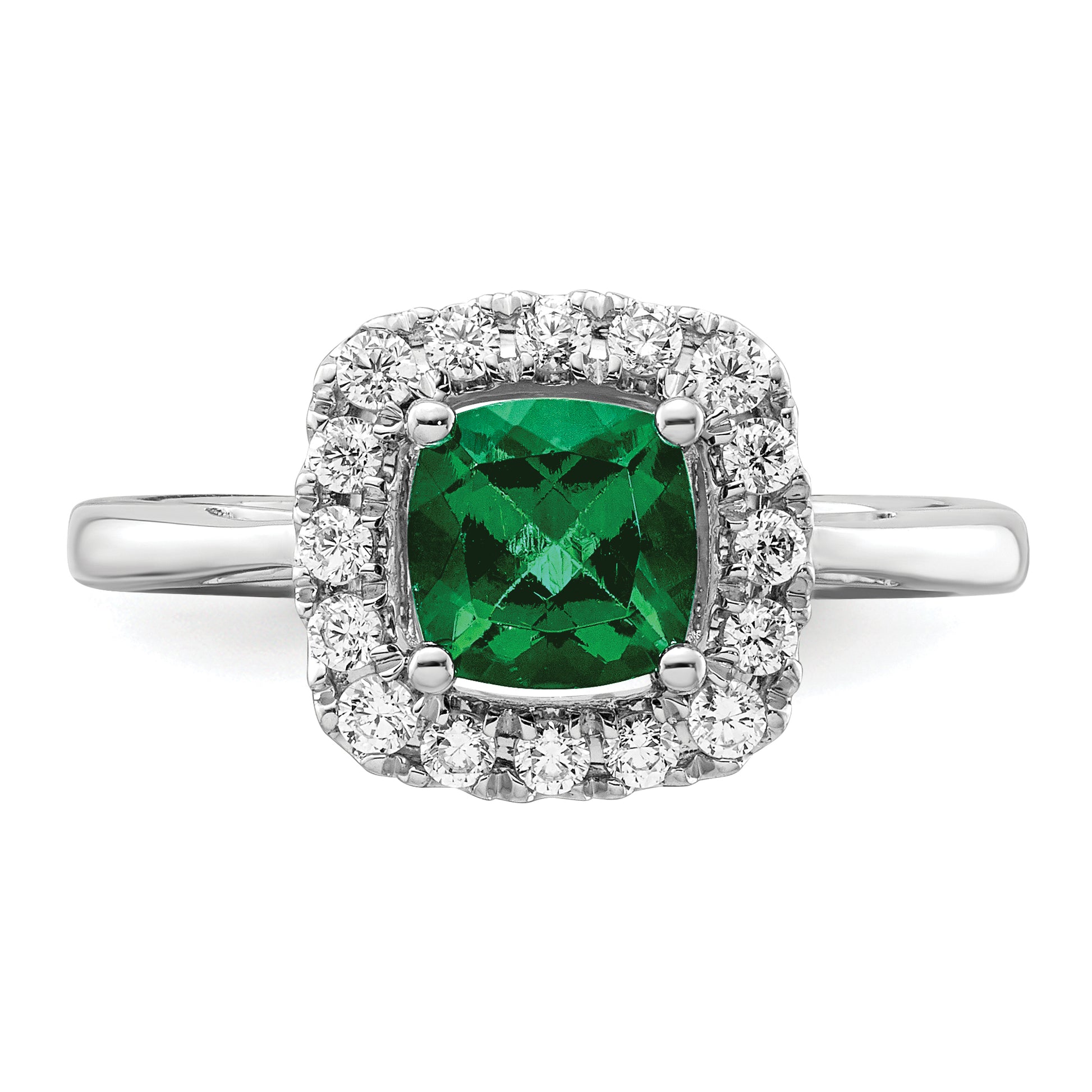 14k White Gold 1/4 Ct. Lab Grown Diamond VS/SI+ G+ May Birthstone Lab Created Emerald Halo Ring