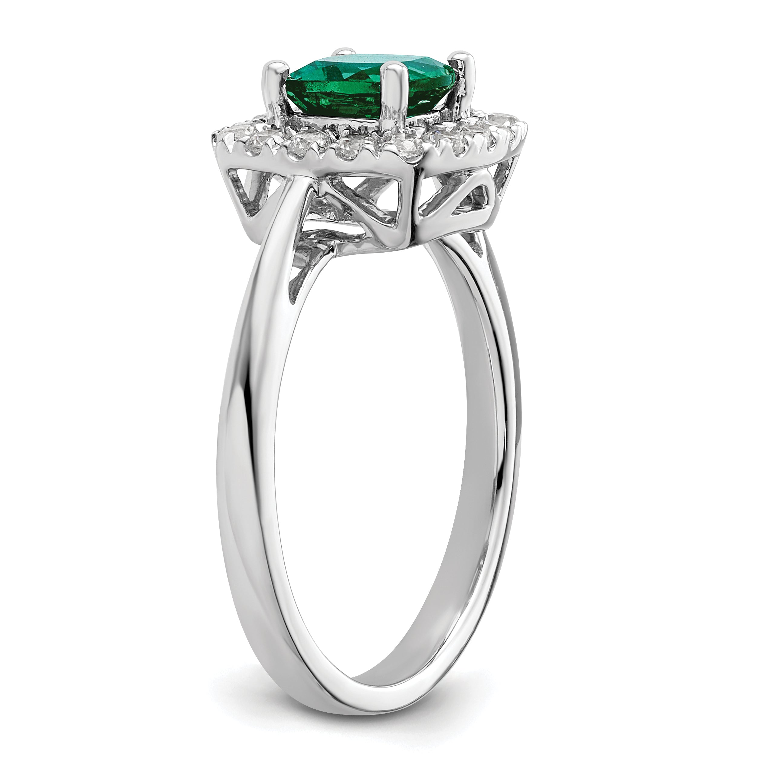 14k White Gold 1/4 Ct. Lab Grown Diamond VS/SI+ G+ May Birthstone Lab Created Emerald Halo Ring