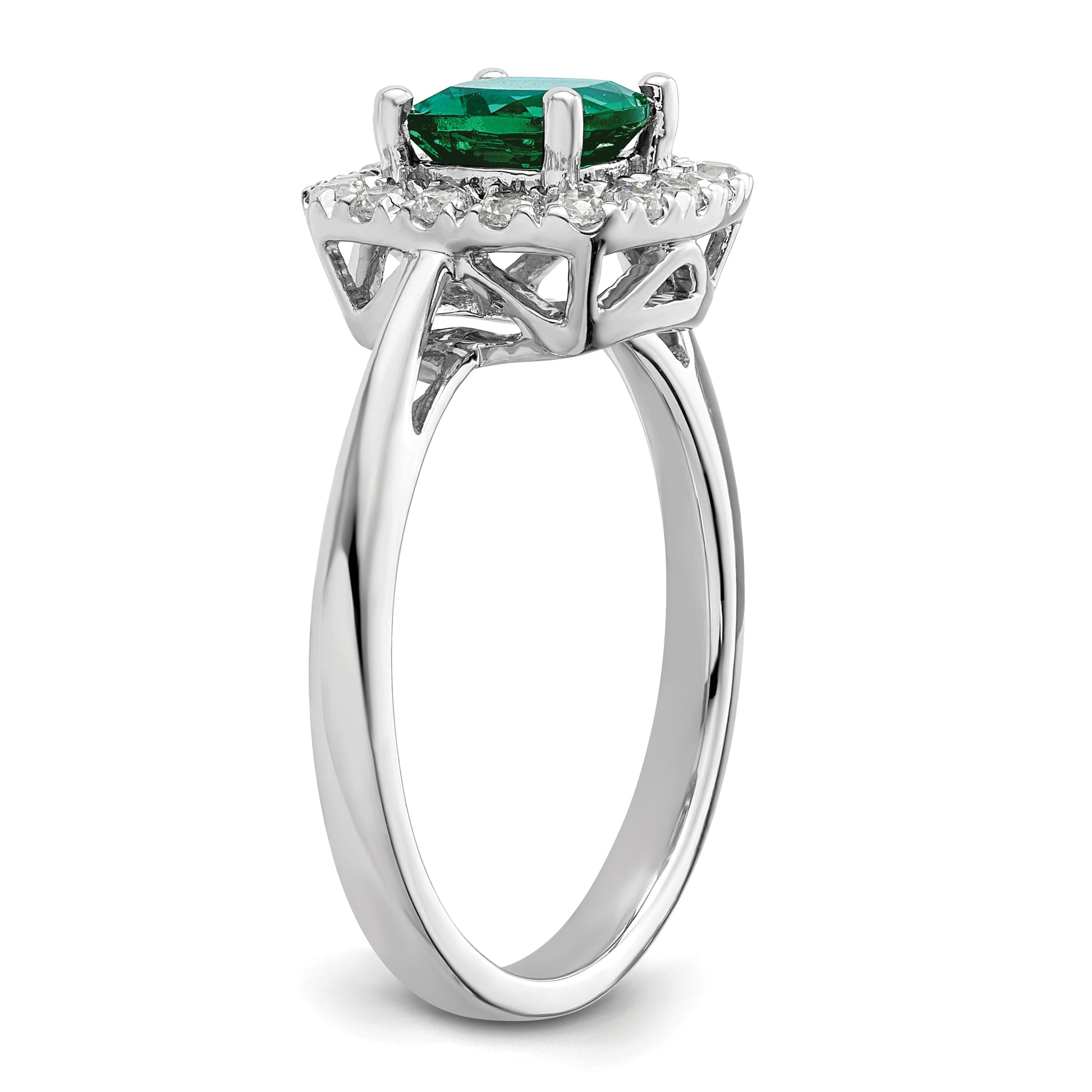 14k White Gold 1/4 Ct. Lab Grown Diamond VS/SI+ G+ May Birthstone Lab Created Emerald Halo Ring
