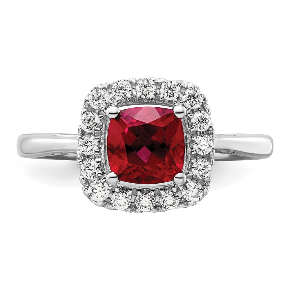 14k White Gold 1/4 Ct. Lab Grown Diamond VS/SI+ G+ July Birthstone Lab Created Ruby Halo Ring