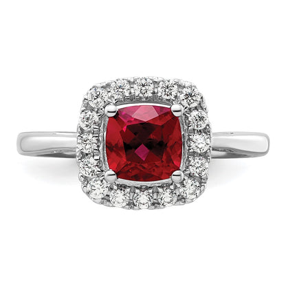 14k White Gold 1/4 Ct. Lab Grown Diamond VS/SI+ G+ July Birthstone Lab Created Ruby Halo Ring