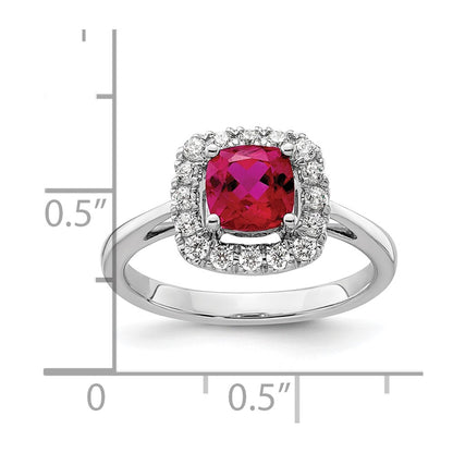 14k White Gold 1/4 Ct. Lab Grown Diamond VS/SI+ G+ July Birthstone Lab Created Ruby Halo Ring