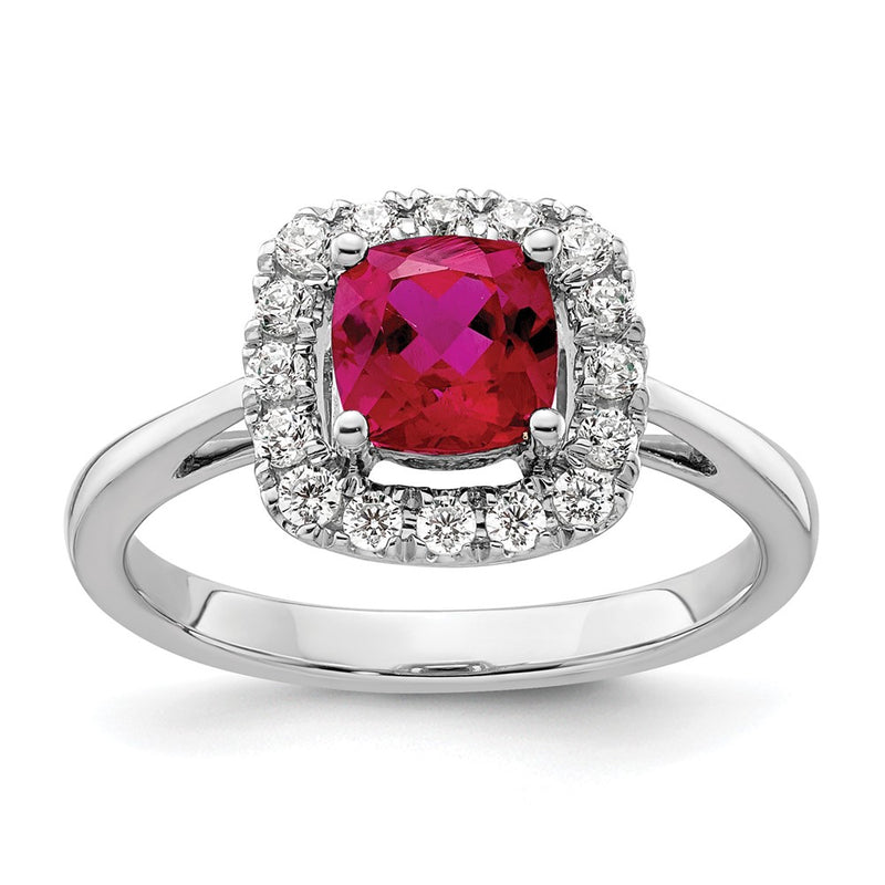 14k White Gold 1/4 Ct. Lab Grown Diamond VS/SI+ G+ July Birthstone Lab Created Ruby Halo Ring