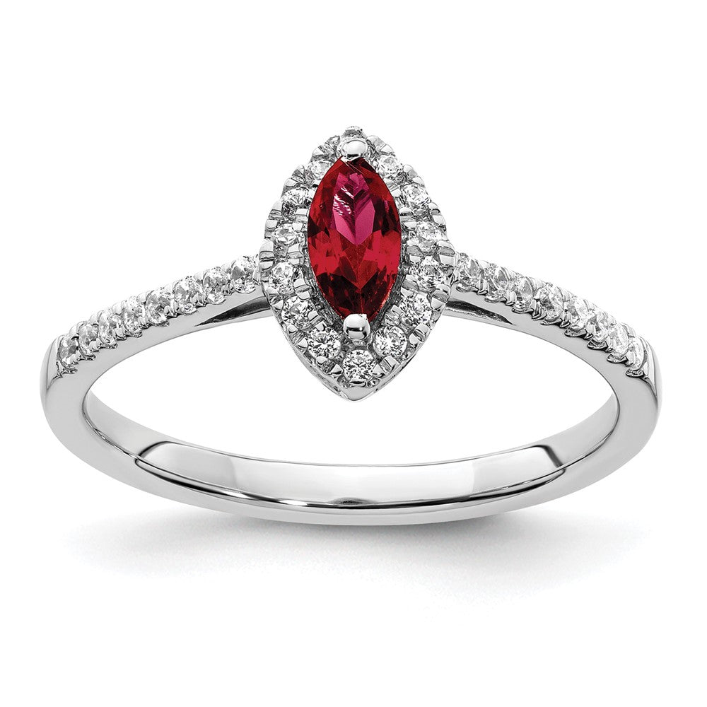 14k White Gold 1/5 Ct. Lab Grown Diamond VS/SI+ G+ and Lab Created Ruby July Birthstone Ring