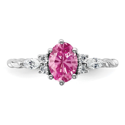 14K White Gold Diamond and 7x5 Oval October/Lab Created Pink Sapphire Size 7 Twisted Ring