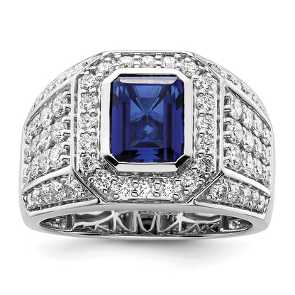 10K White Gold Wg Created Sapphire & Si Diamond Mens Ring