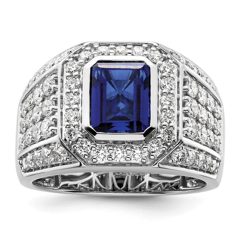 10K White Gold Wg Created Sapphire & Si Diamond Mens Ring