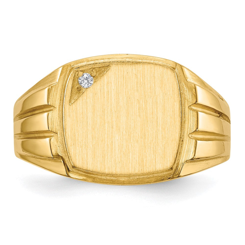 14K Yellow Gold 11.5X12.0mm Grooved Sides Open Back Aa Diamond Men'S Signet Ring