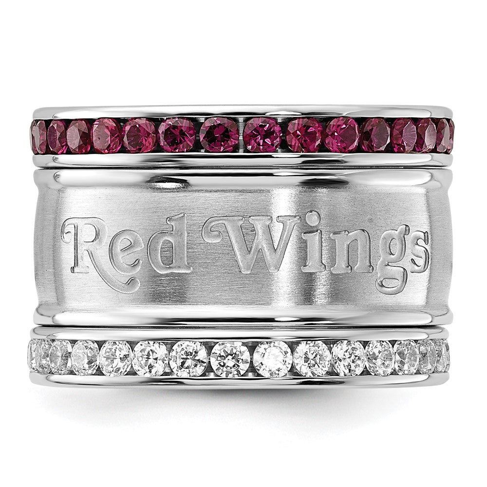 Stainless Steel Nhl Detroit Red Wings Crystal Triple Ring Set