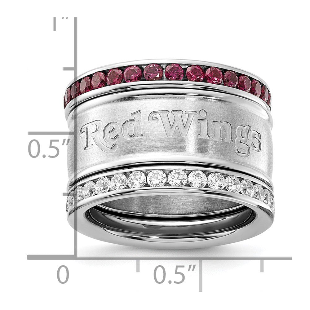 Stainless Steel Nhl Detroit Red Wings Crystal Triple Ring Set