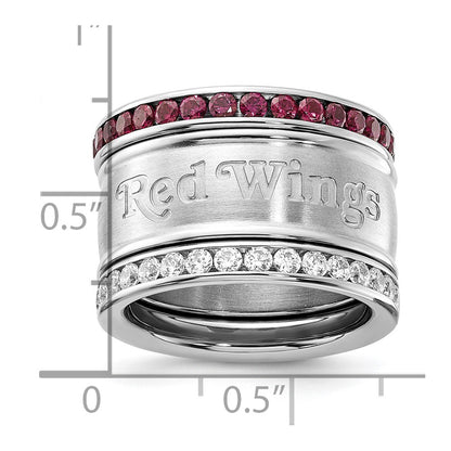 Stainless Steel Nhl Detroit Red Wings Crystal Triple Ring Set