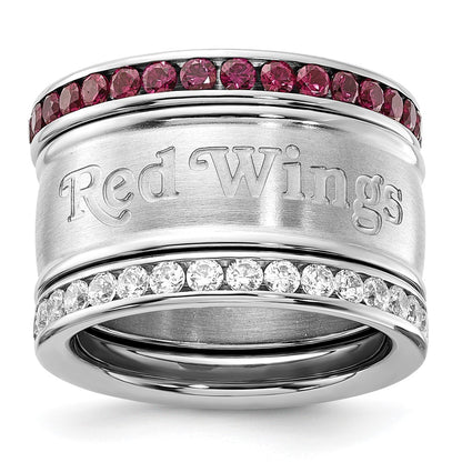 Stainless Steel Nhl Detroit Red Wings Crystal Triple Ring Set