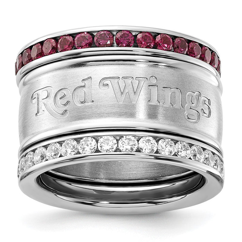 Stainless Steel Nhl Detroit Red Wings Crystal Triple Ring Set