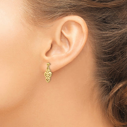 14K Yellow Gold Polished Filigree Fancy Heart Post Dangle Earrings