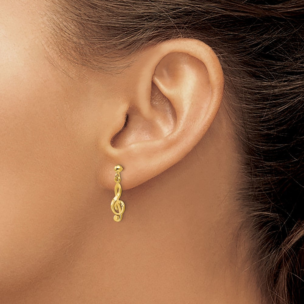 14K Yellow Gold Polished & Diamond-Cut Treble Clef Dangle Post Earrings