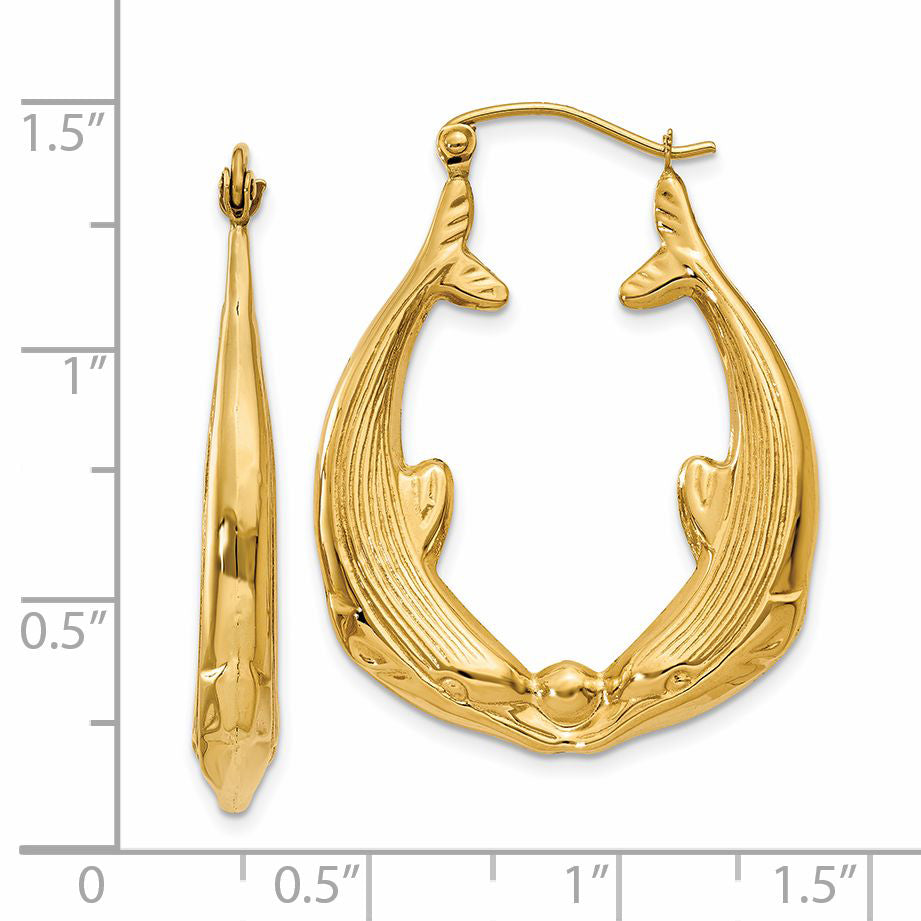 14K Yellow Gold Polished Dolphin Hoop Earrings