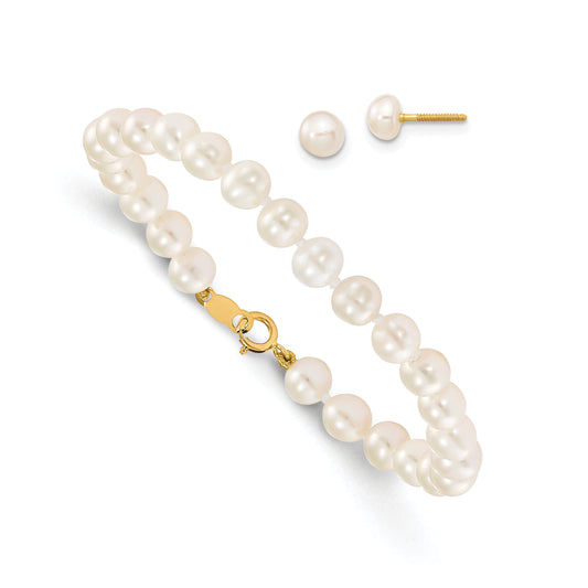 14K Yellow Gold Madi K 4-5mm White Freshwater Cultured Pearl Bracelet & Earring Set