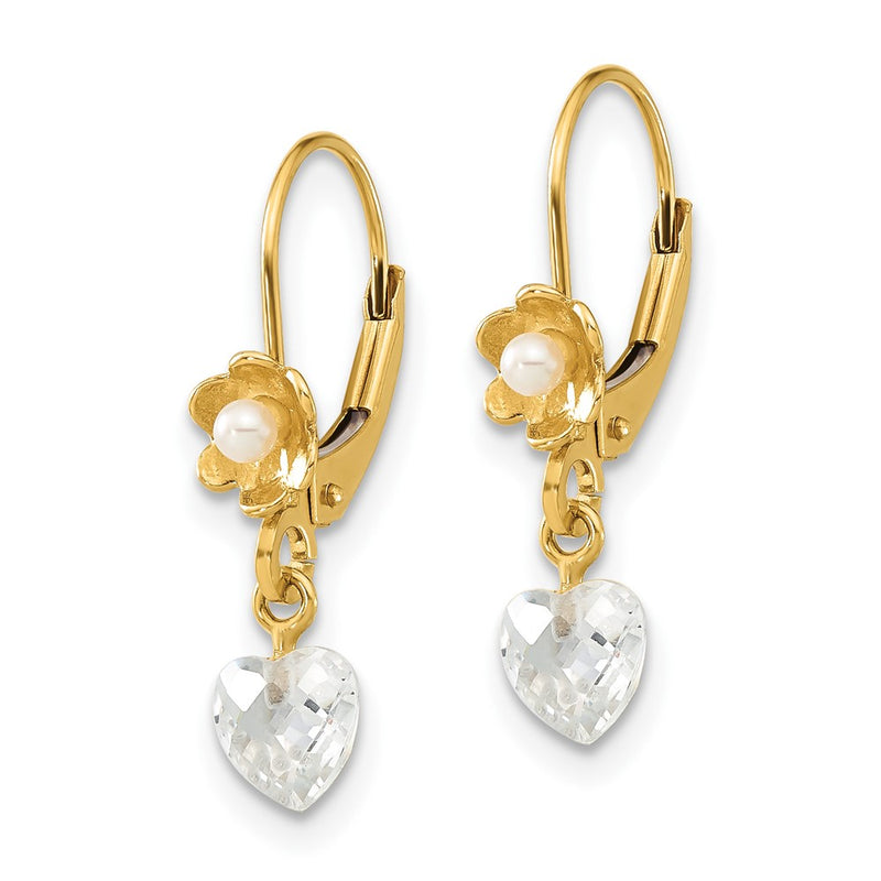14K Yellow Gold 14Ky Polished Freshwater Cultured Pearl & Cz Flower Leverback Earrings