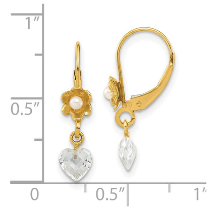 14K Yellow Gold 14Ky Polished Freshwater Cultured Pearl & Cz Flower Leverback Earrings