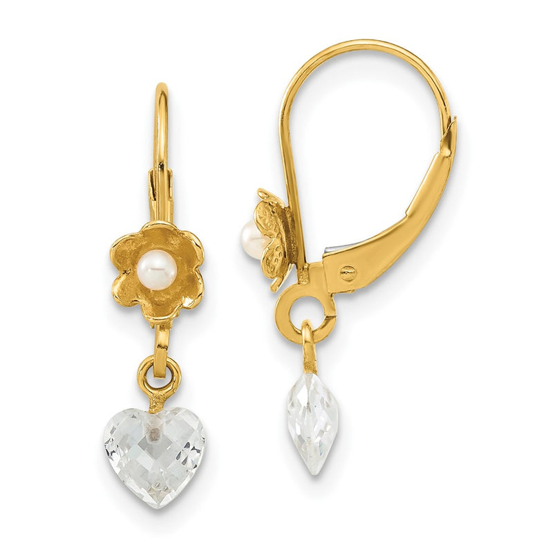 14K Yellow Gold 14Ky Polished Freshwater Cultured Pearl & Cz Flower Leverback Earrings