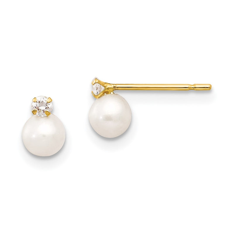 14K Yellow Gold Madi K 5-6mm Near Round Fw Cultured Pearl Cz Post Earrings