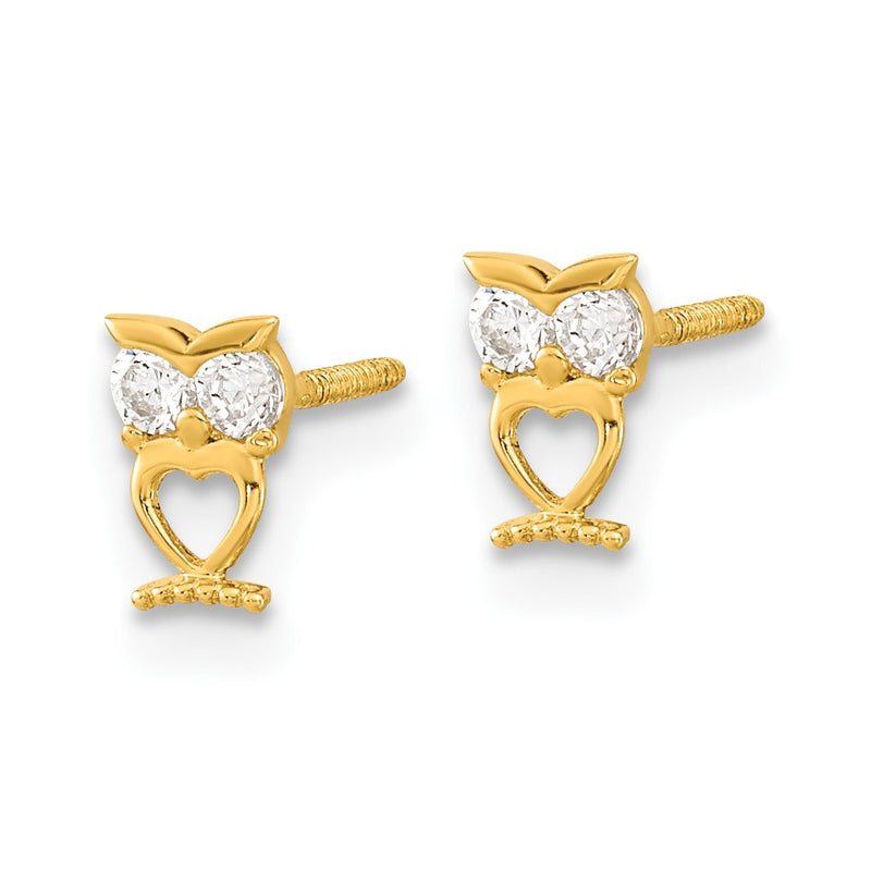 14K Yellow Gold Madi K Owl W/Cz Eyes Screwback Post Earrings