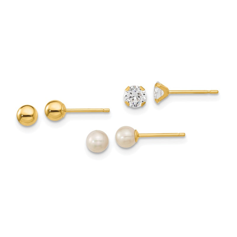 14K Yellow Gold Madi K Ball, Cz & Freshwater Cultured Pearl 3 Pair Earring Set