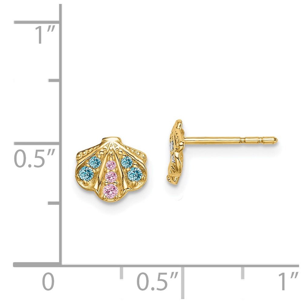 14K Yellow Gold Madi K Blue & Pink Cz Seashell Post Earrings