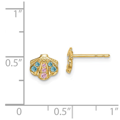 14K Yellow Gold Madi K Blue & Pink Cz Seashell Post Earrings