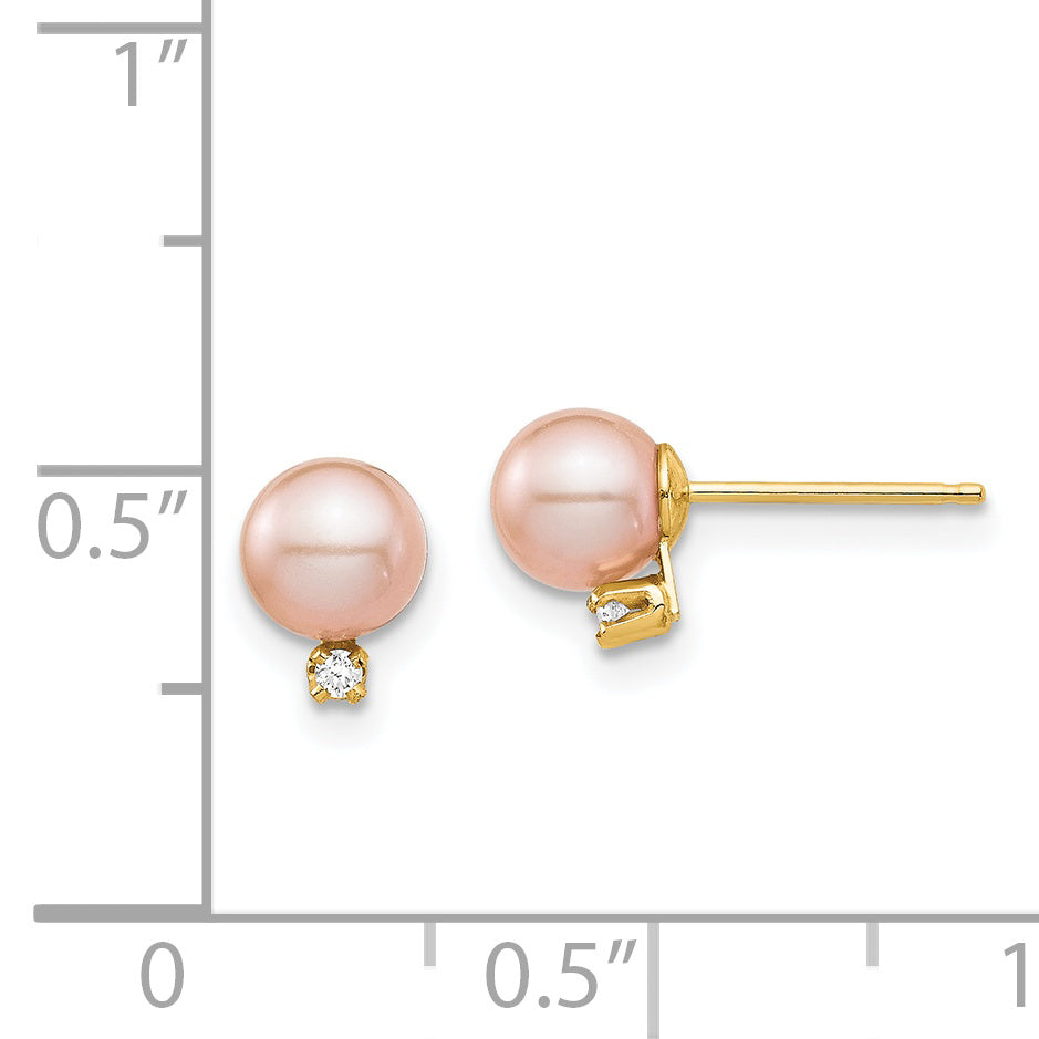 14K Yellow Gold Madi K 5 6mm Pink Round Freshwater Cultured Pearl And .02 Carat Diamond Post Earrings With Silicone Backs