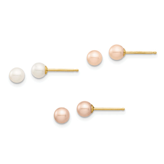14K Yellow Gold Madi K 4-5mm White/Pink/Purple Round Fwc Pearl Post Earrings Set