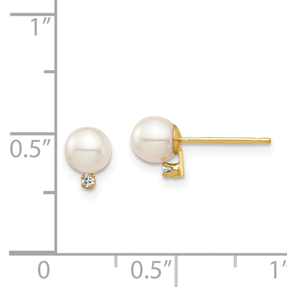 14K Yellow Gold Madi K 4 5mm White Round Freshwater Cultured Pearl And .02 Carat Diamond Post Earrings With Silicone Backs