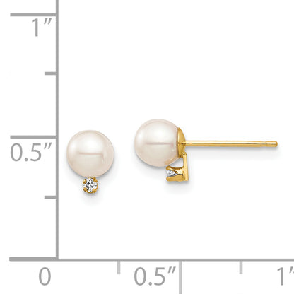 14K Yellow Gold Madi K 4 5mm White Round Freshwater Cultured Pearl And .02 Carat Diamond Post Earrings With Silicone Backs